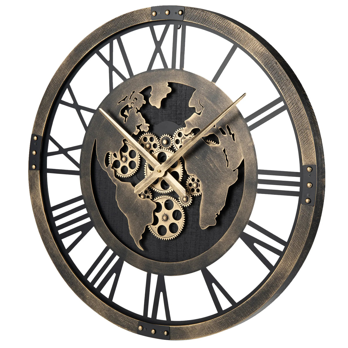 HOMASIS World Map Gear Wall Clock Decorative Silent Metal Design