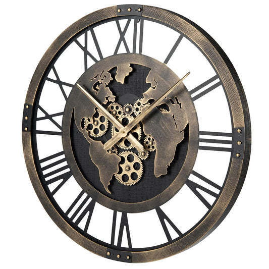 HOMASIS World Map Gear Wall Clock Decorative Silent Metal Design