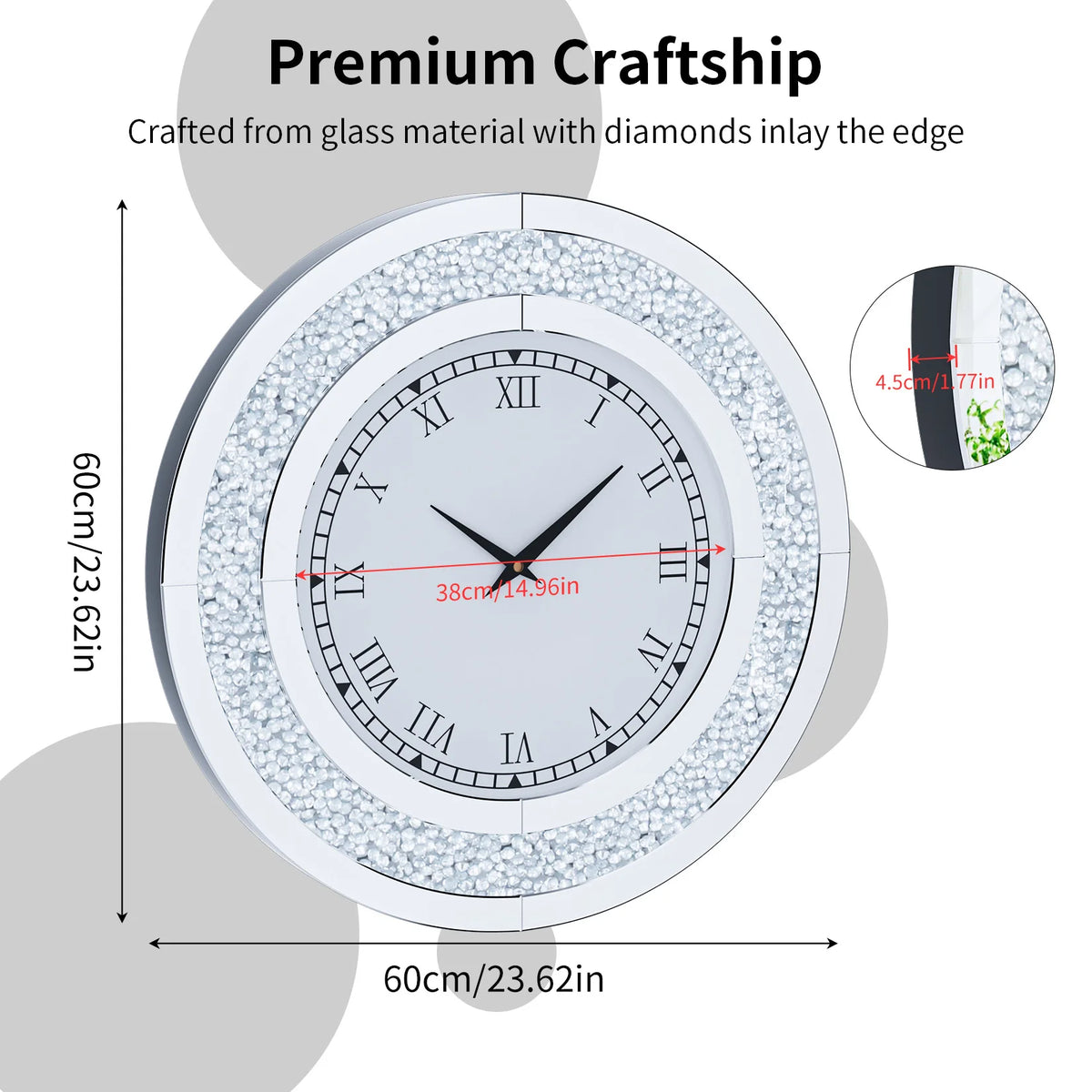 Round Mirror Wall Clock Crystal Sparkle Non-Ticking Alarm Movement