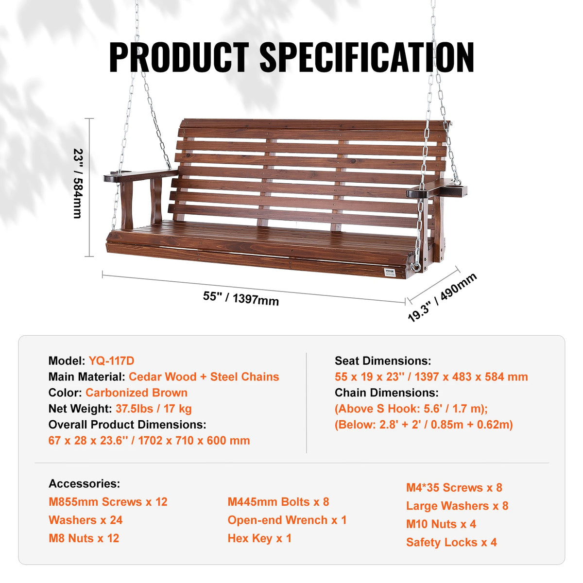 SucceBuy Wooden Porch Swing With Steel Chains For Patio Seating