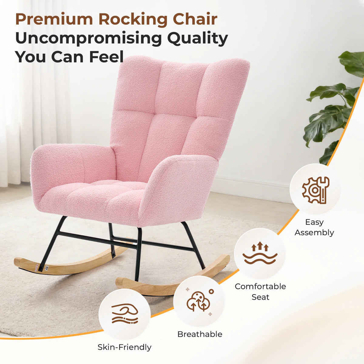 JHK Modern Velvet Saucer Rocking Chair With Padded Metal Frame