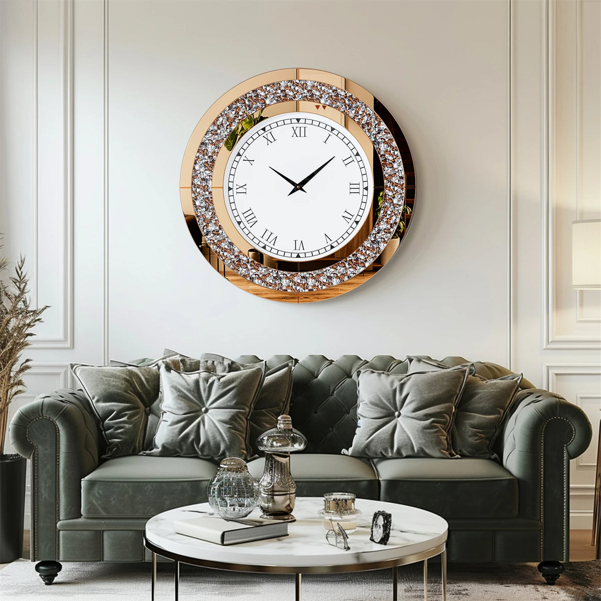 Round Mirror Wall Clock Crystal Sparkle Non-Ticking Alarm Movement