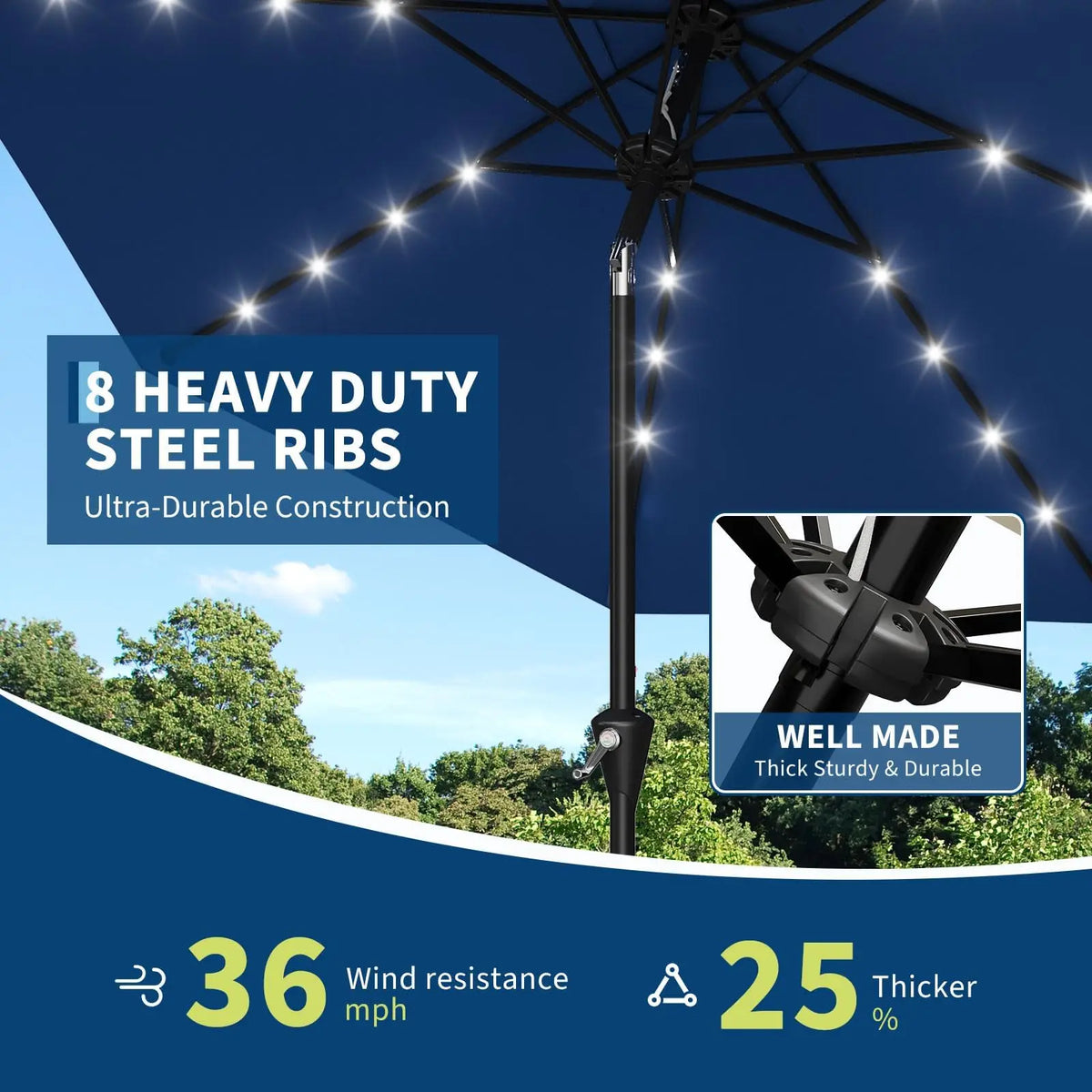HiMiss Solar Patio Umbrella With LED Lights And UV Protection