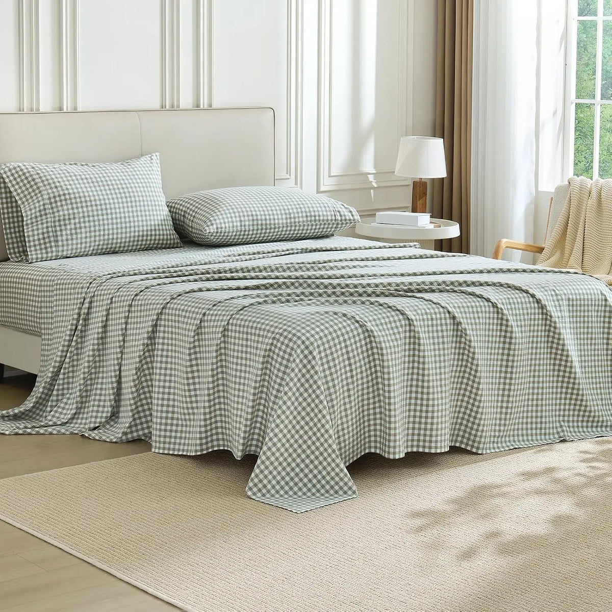 Gingham Washed Cotton Sheet Set Soft Deep Pocket Bedding