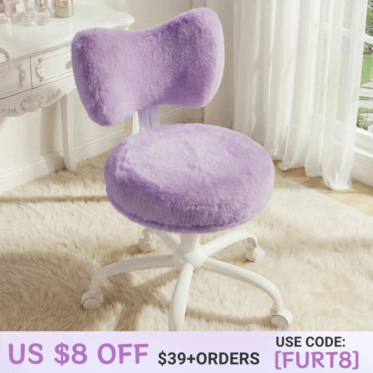 EnHomee Adjustable Faux Fur Vanity Chair With Rotating Base