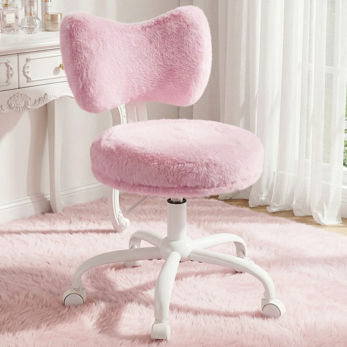 EnHomee Adjustable Faux Fur Vanity Chair With Rotating Base