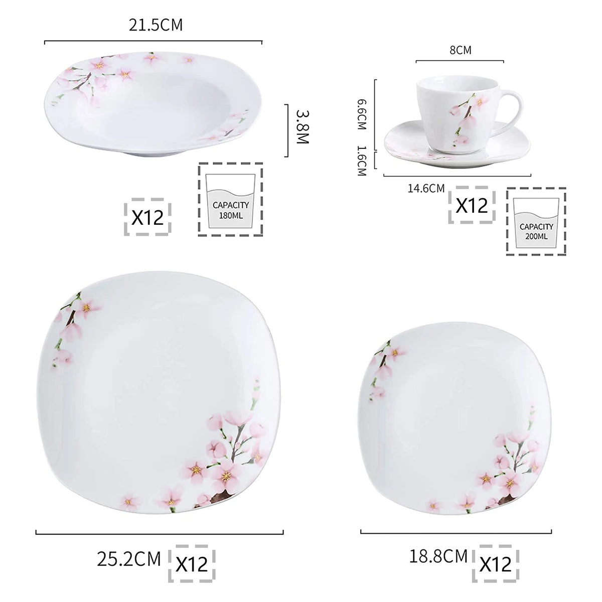 Malacasa 60 Piece Ceramic Porcelain Plates Cups Saucers Dinner Set