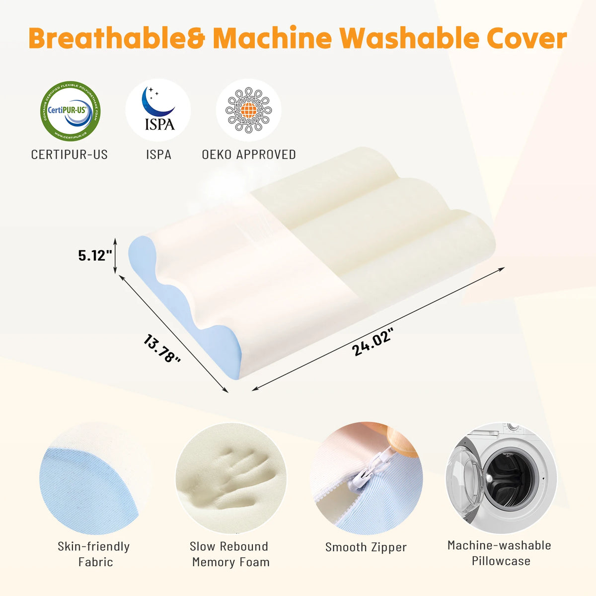JHK Ergonomic Contour Memory Foam Pillow With Cooling Washable Cover