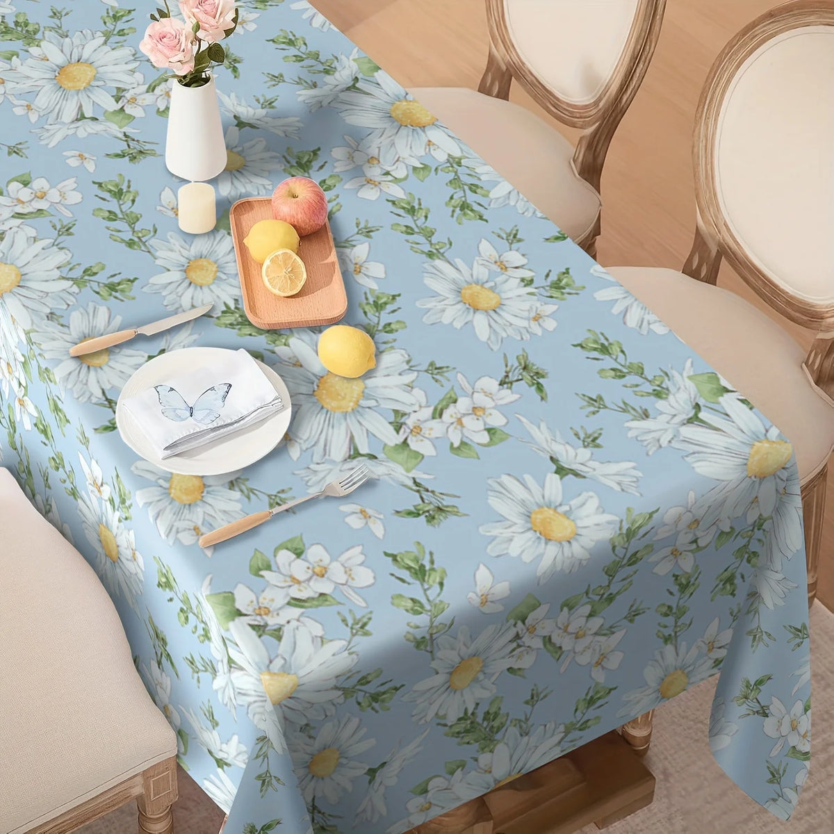 Rectangular Daisy Floral Polyester Tablecloth for Dining and Picnics