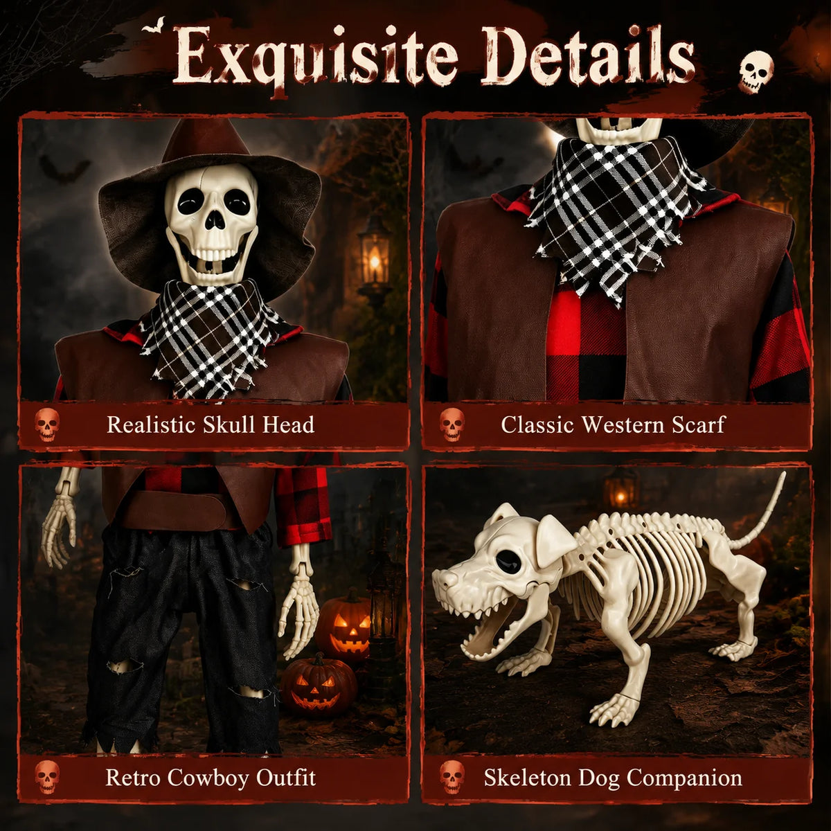 Western Cowboy Skeleton With Poseable Joints For Halloween Yard Decor