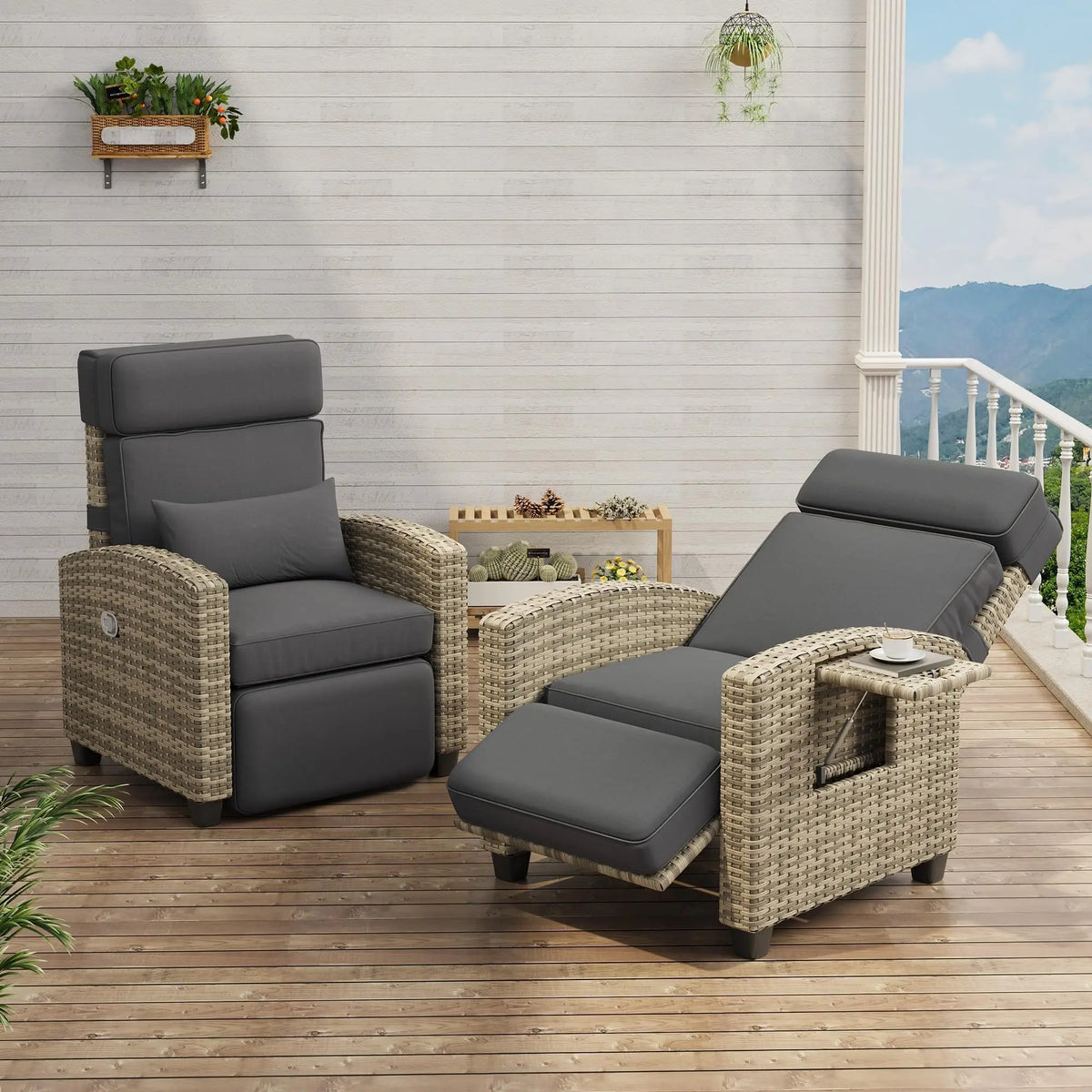 Adjustable Wicker Recliner With Footrest And Flip Up Side Table