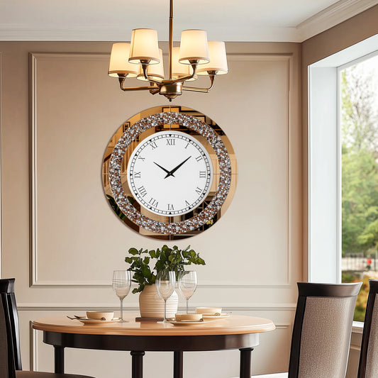 Round Mirror Wall Clock Crystal Sparkle Non-Ticking Alarm Movement