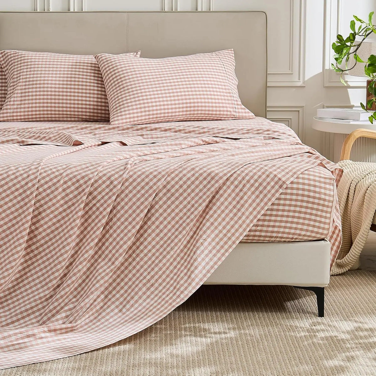 Gingham Washed Cotton Sheet Set Soft Deep Pocket Bedding