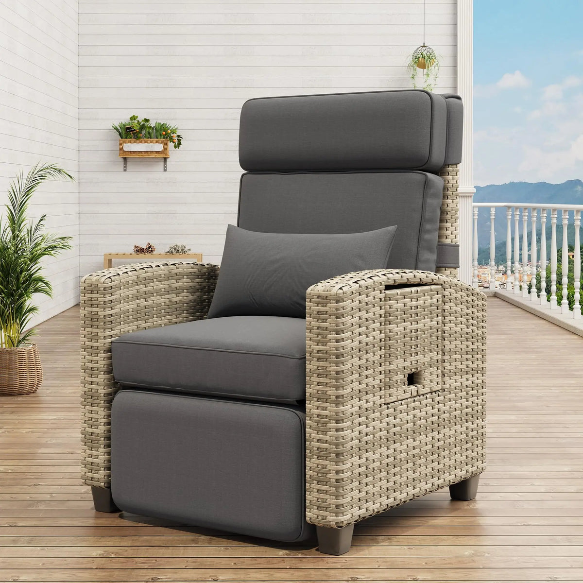 Adjustable Wicker Recliner With Footrest And Flip Up Side Table