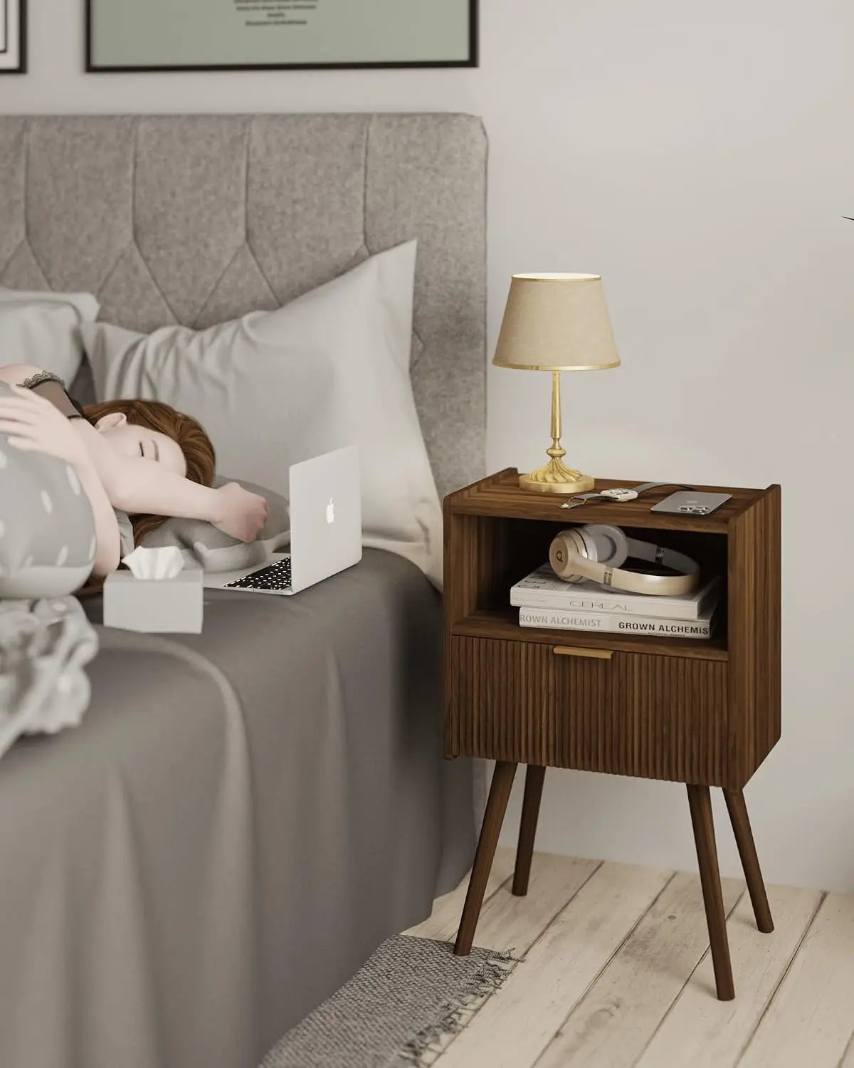 Novilla Modern Wood Nightstand With Storage Drawer And Shelf