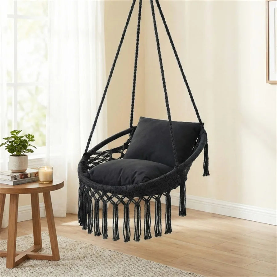 Boho Macrame Hanging Swing Chair With Padded Cushions