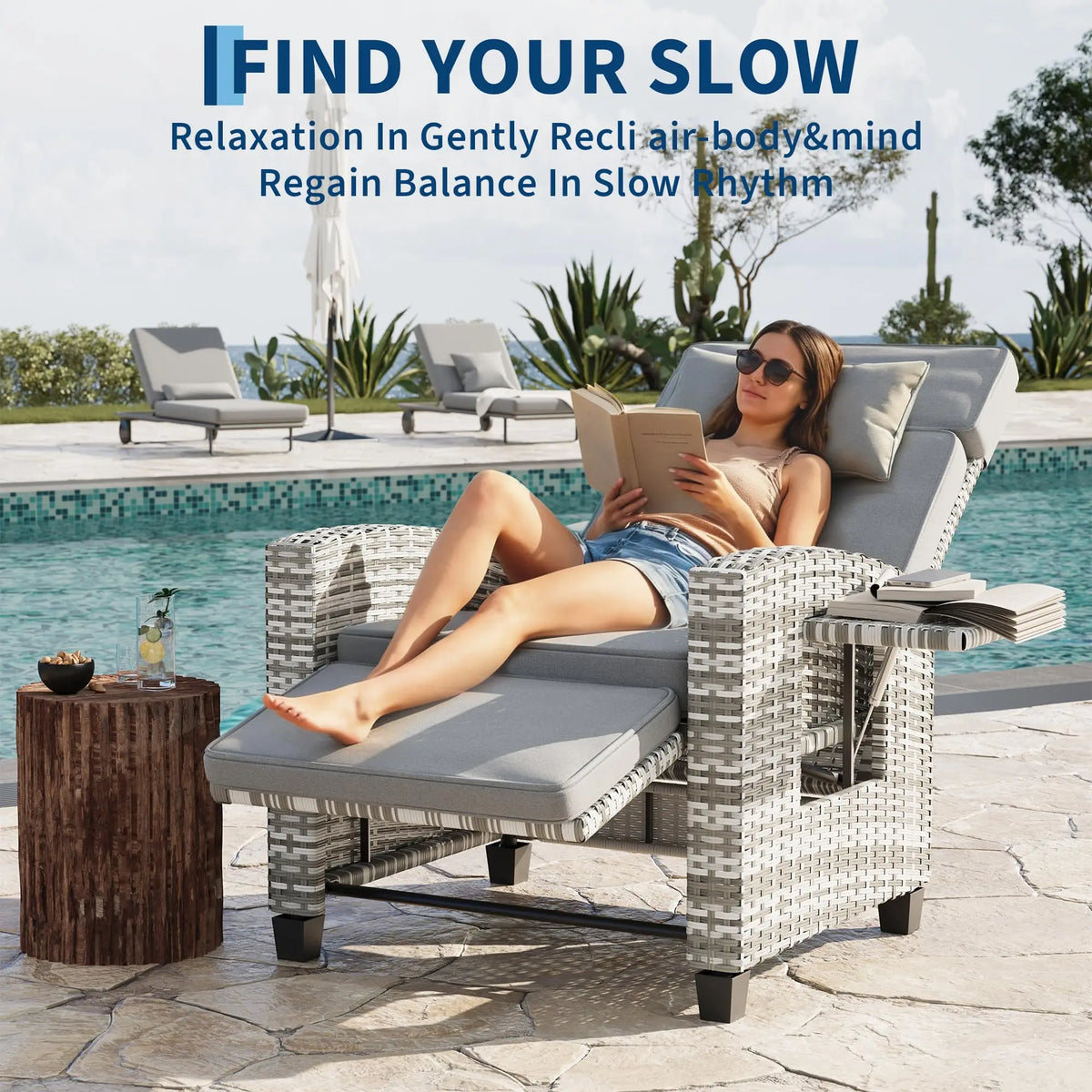Adjustable Wicker Recliner Chair With Lay Flat Backrest And Footrest