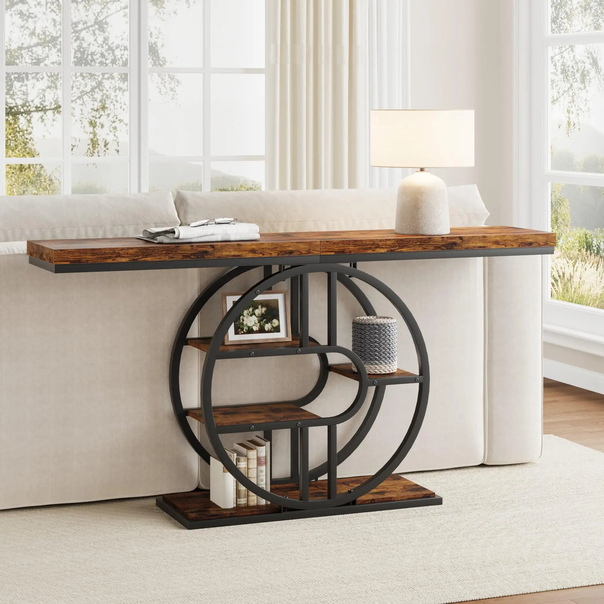 Amkui Modern Console Table Featuring Storage Shelves And Steel Frame