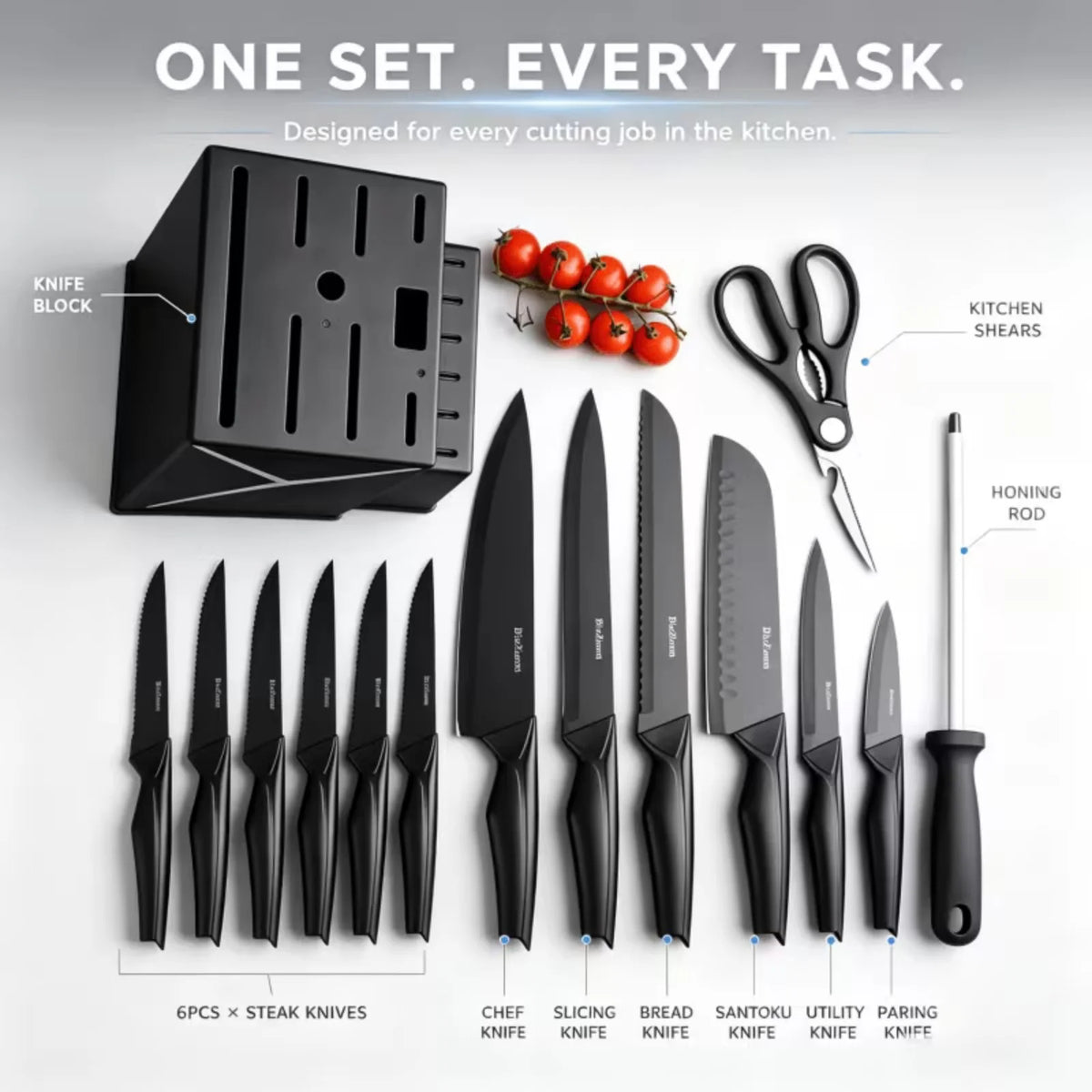 Stainless Steel Kitchen Knife Set With Block And Integrated Sharpener