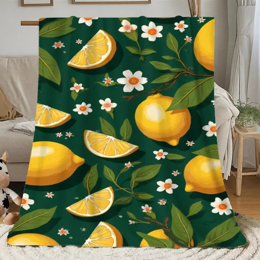 Premium Flannel Throw Blanket With Lemon Blossom Pattern