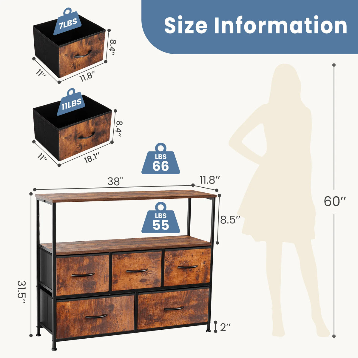 JHK Modern Fireplace TV Stand With Five Fabric Storage Drawers