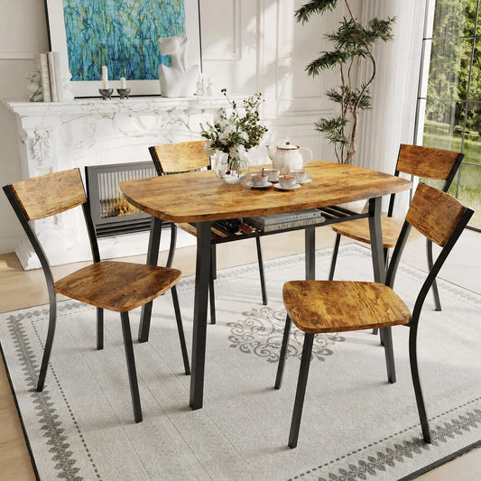 HiMISS Antique Dining Set With Four Chairs And Storage Shelf