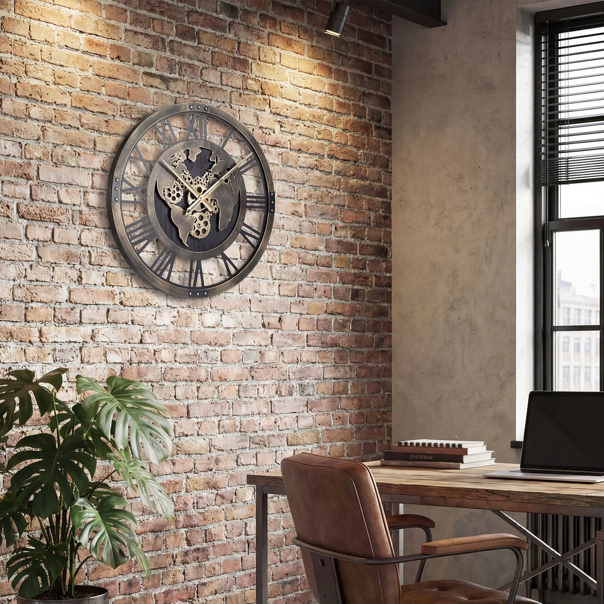 HOMASIS World Map Gear Wall Clock Decorative Silent Metal Design