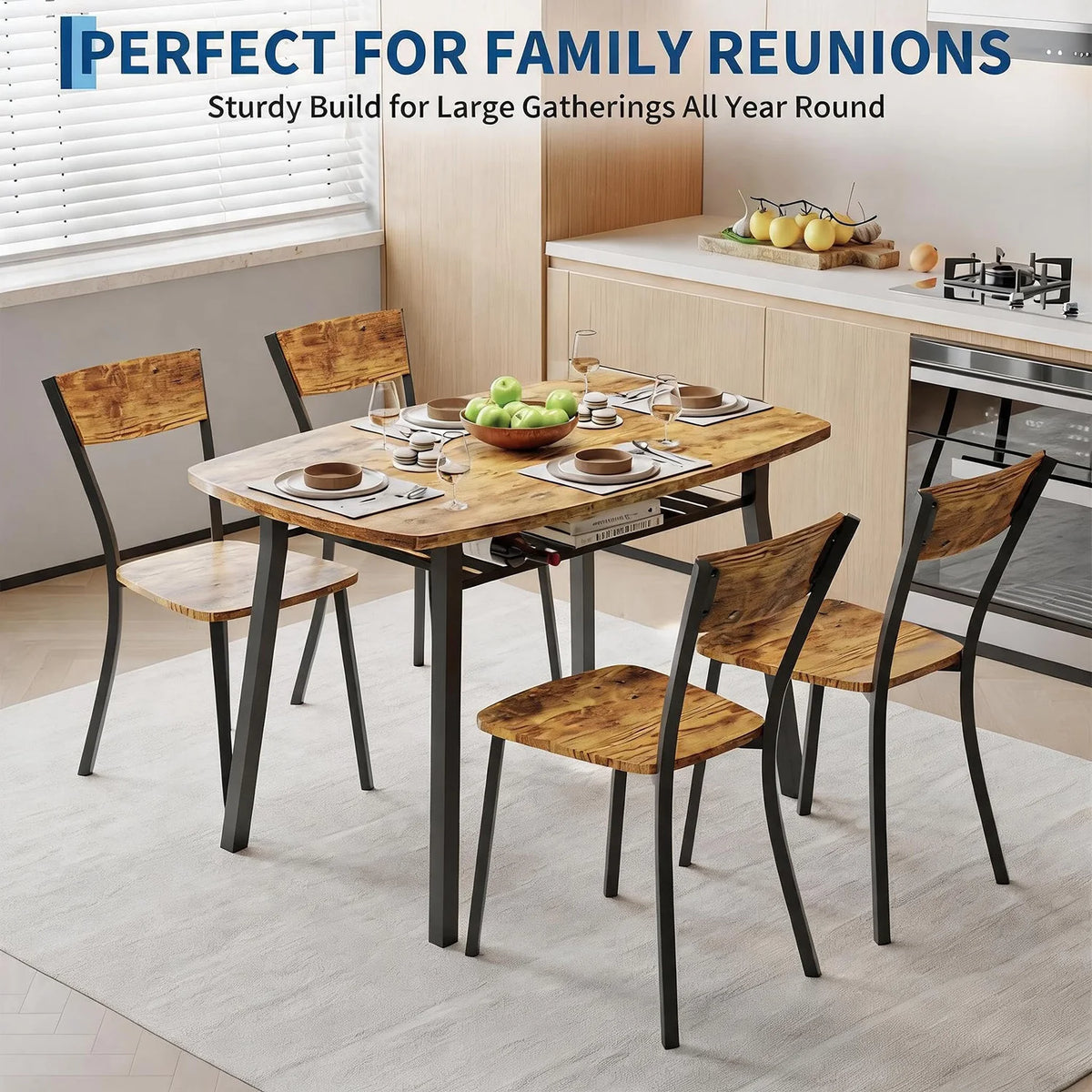 HiMISS Antique Dining Set With Four Chairs And Storage Shelf