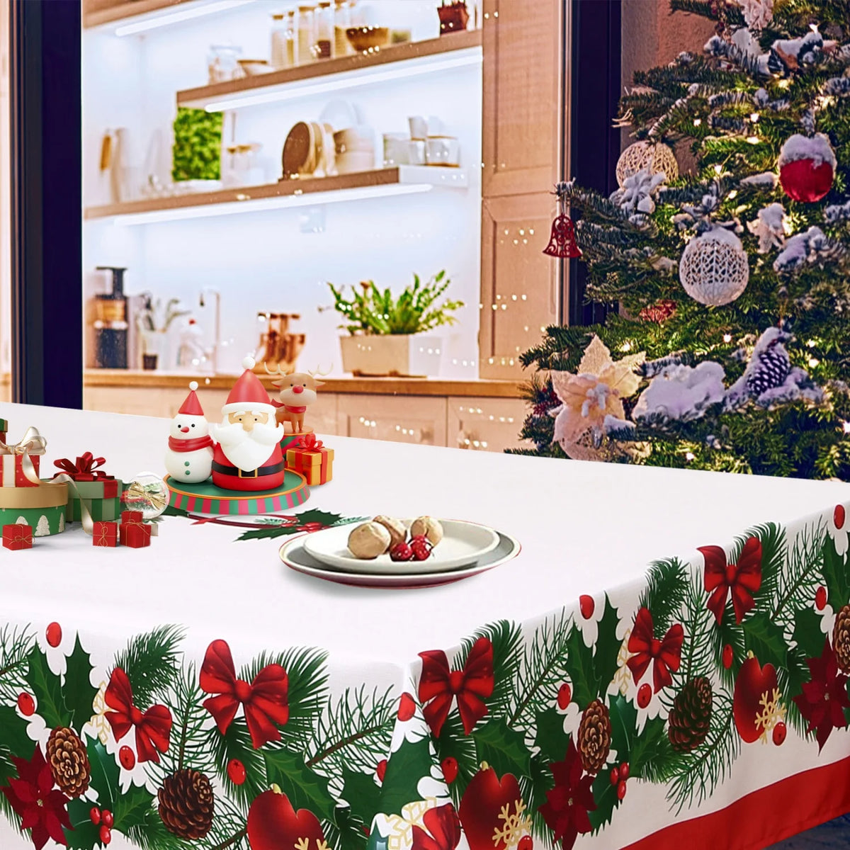 HiMISS Washable Christmas Tablecloth Reusable Festive Dining Room Cover