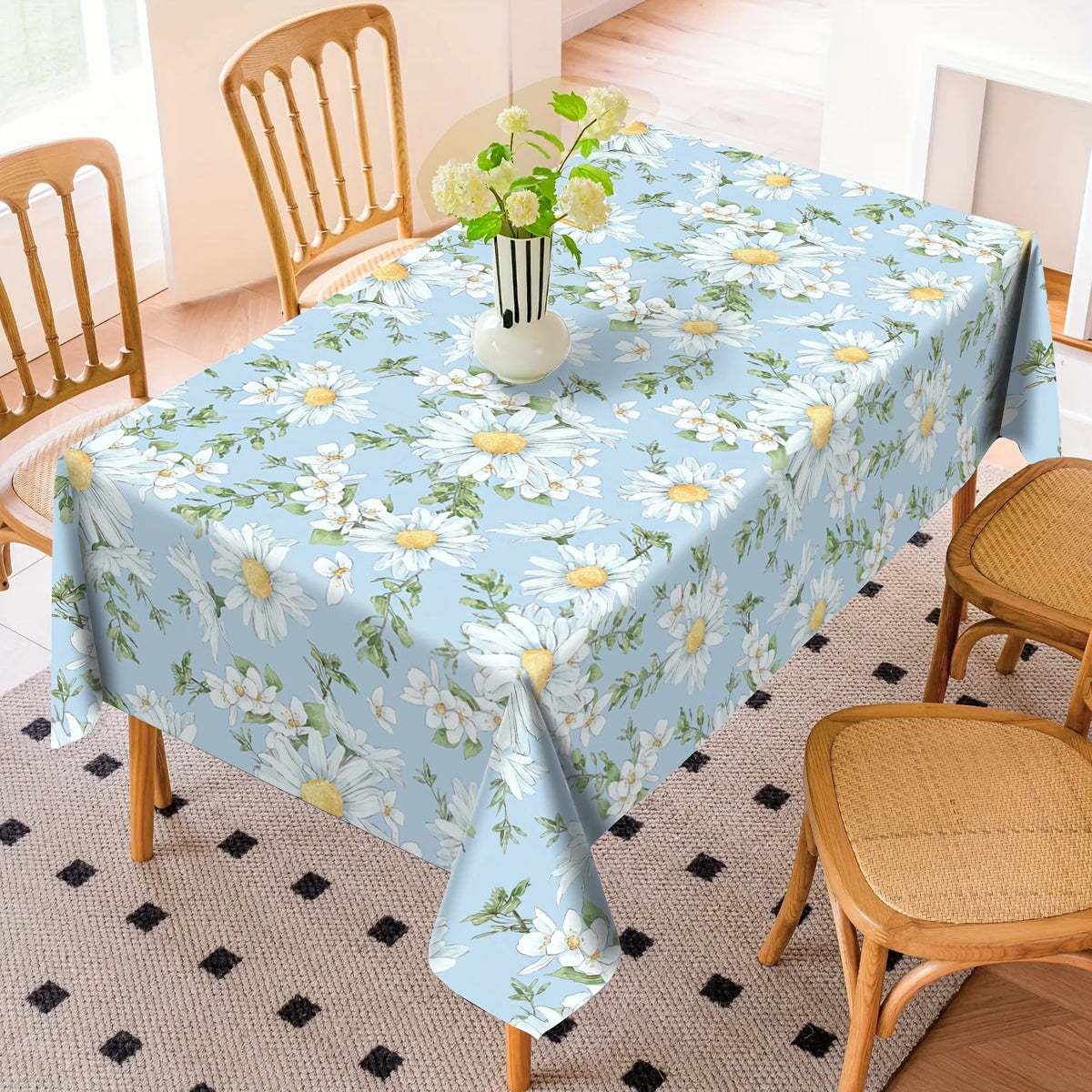 Rectangular Daisy Floral Polyester Tablecloth for Dining and Picnics