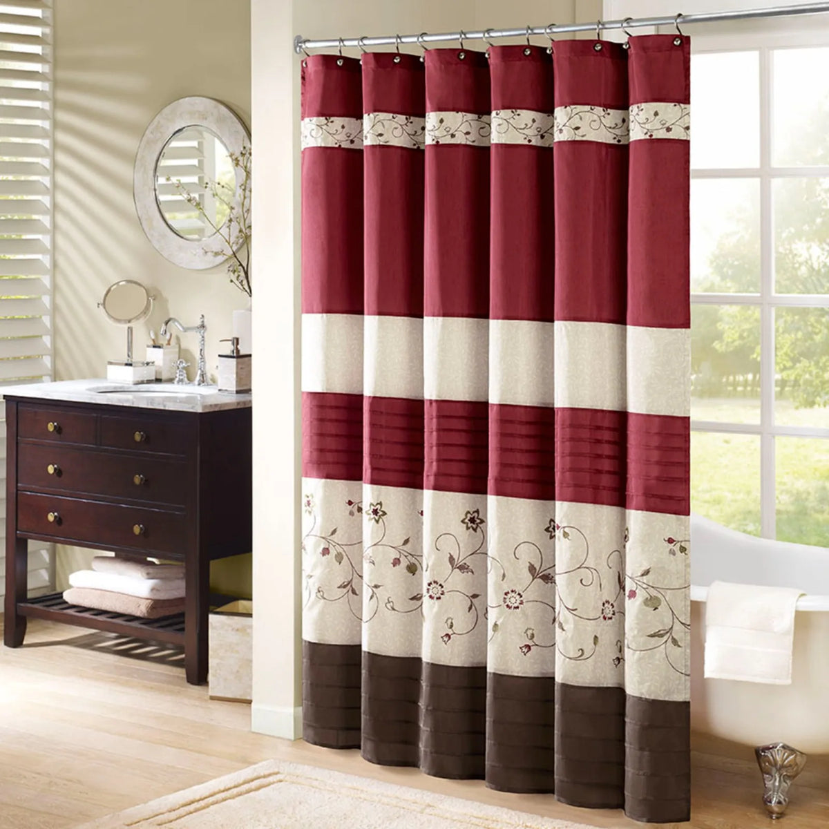 Faux Silk Embroidered Floral Shower Curtain Jacquard Water Repellent Finish