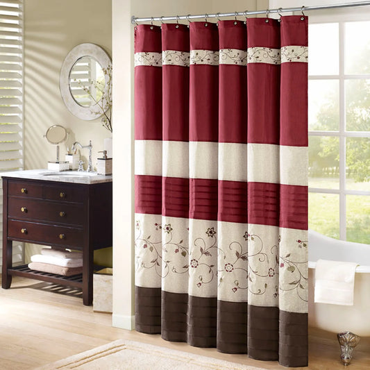 Faux Silk Embroidered Floral Shower Curtain Jacquard Water Repellent Finish
