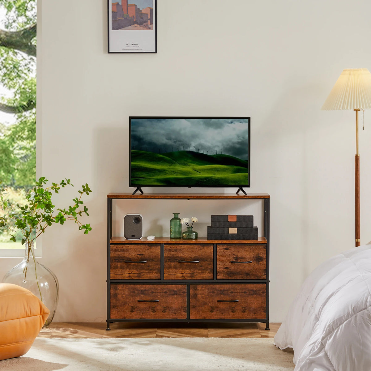 JHK Modern Fireplace TV Stand With Five Fabric Storage Drawers