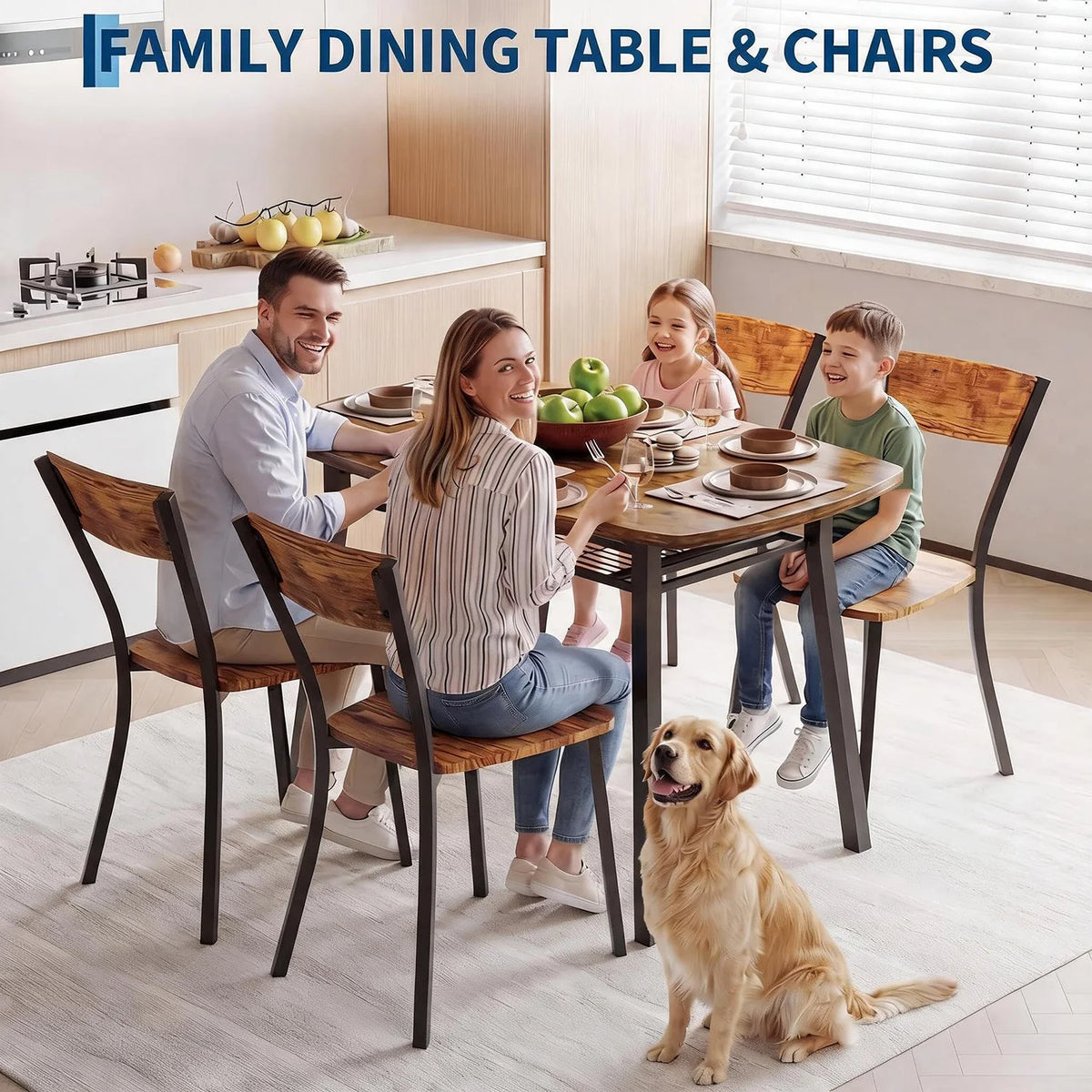 HiMISS Antique Dining Set With Four Chairs And Storage Shelf