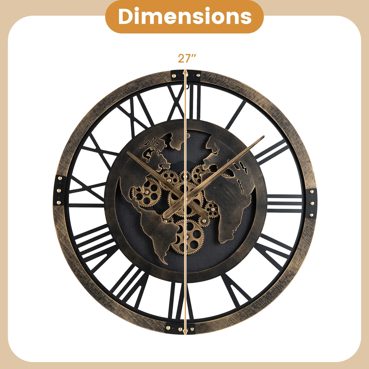 HOMASIS World Map Gear Wall Clock Decorative Silent Metal Design