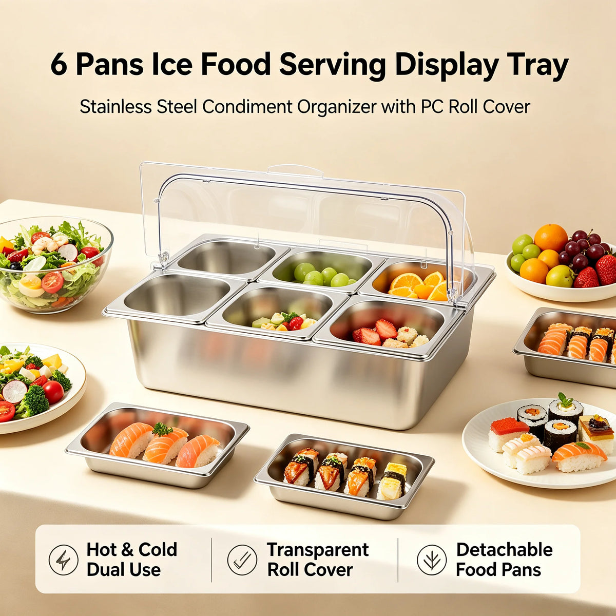 Dual Use Buffet Serving Station With Six Stainless Steel Pans